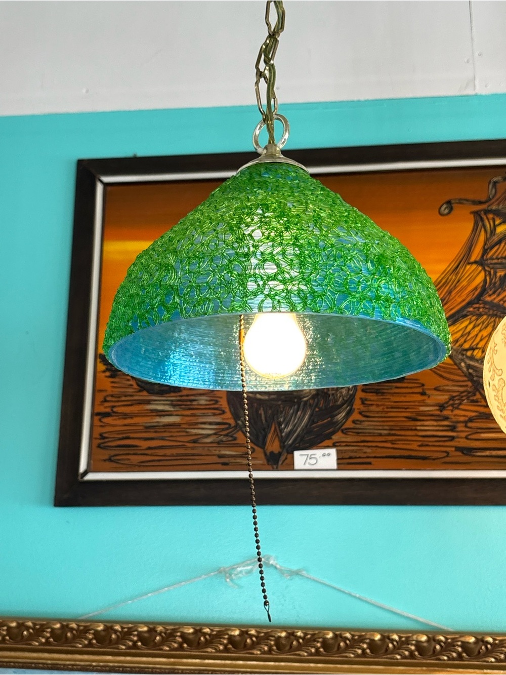 Vintage spaghetti swag pendant hanging light bright green blue 1960’s
